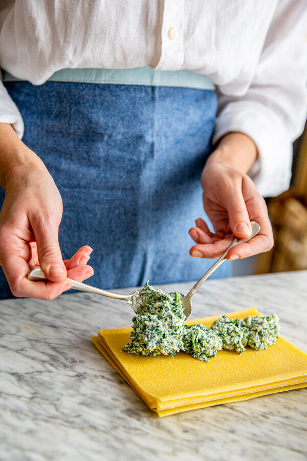 Ricotta and spinach mixture on a lasagne dish