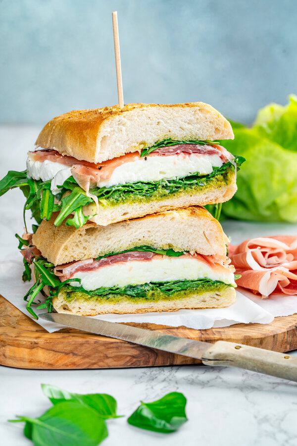 Ciabatta sandwich with mozzarella and prosciutto